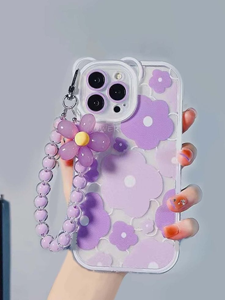 Clear Purple Floral Print Phone Case With Charm