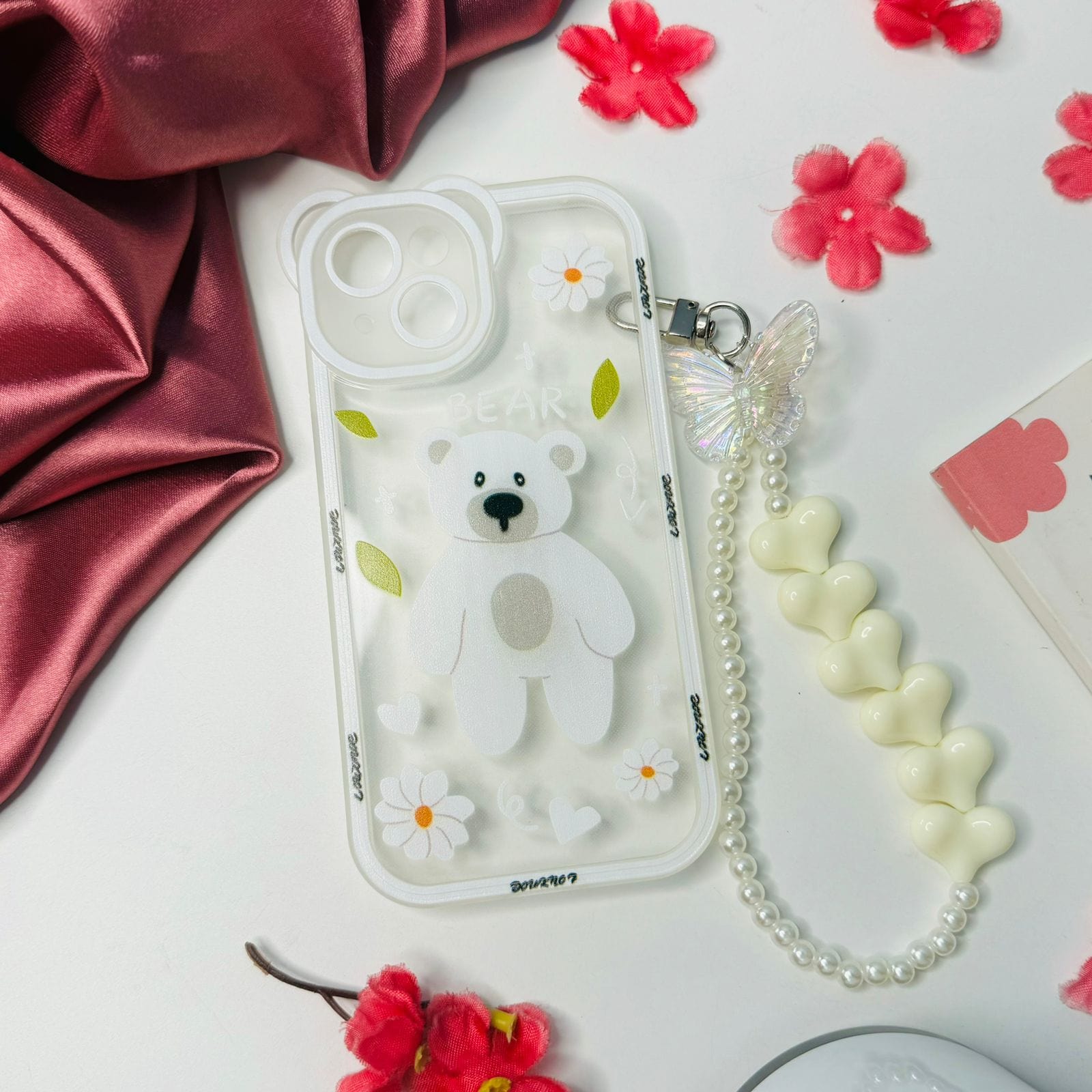 Clear White Teddy Print Phone Case With Charm
