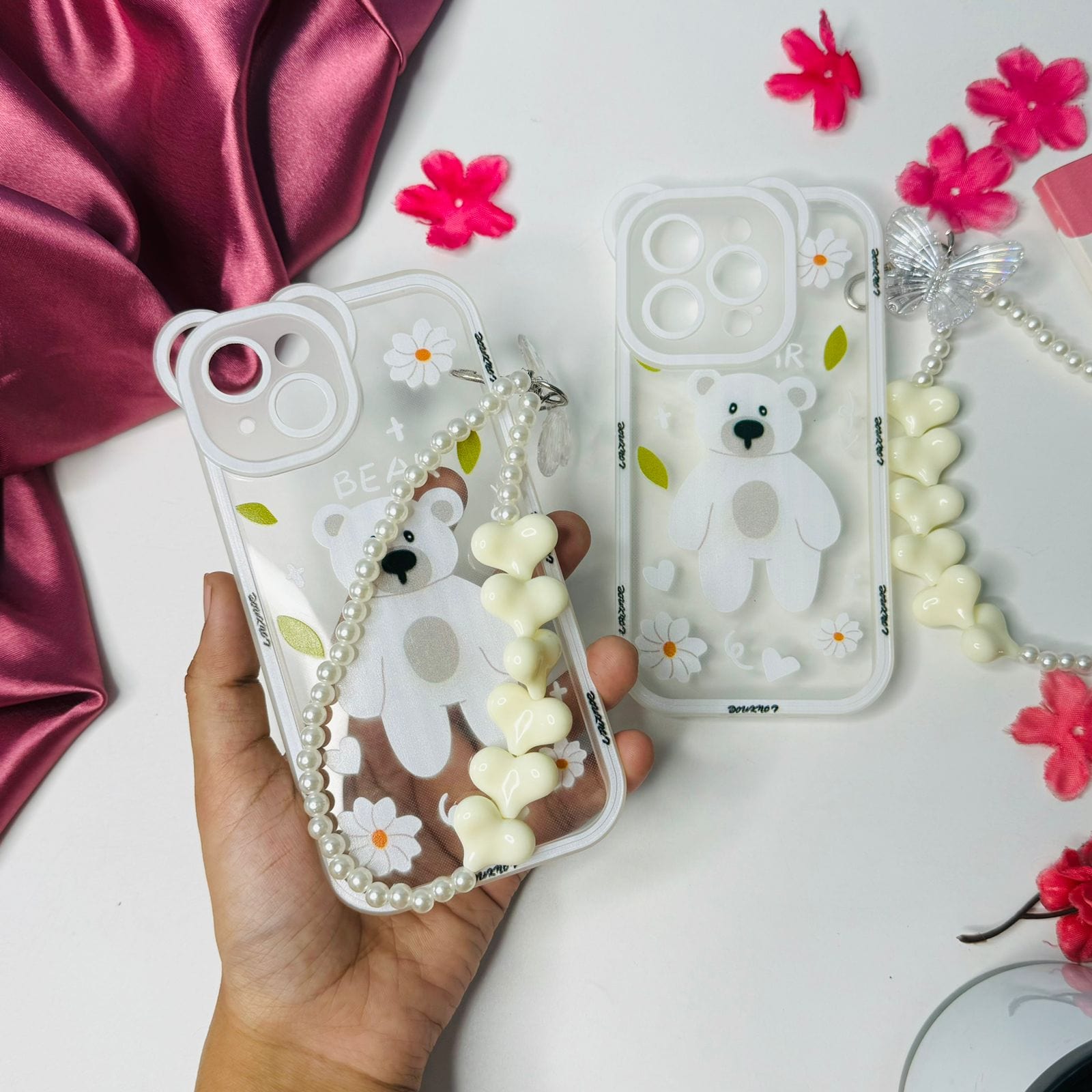 Clear White Teddy Print Phone Case With Charm
