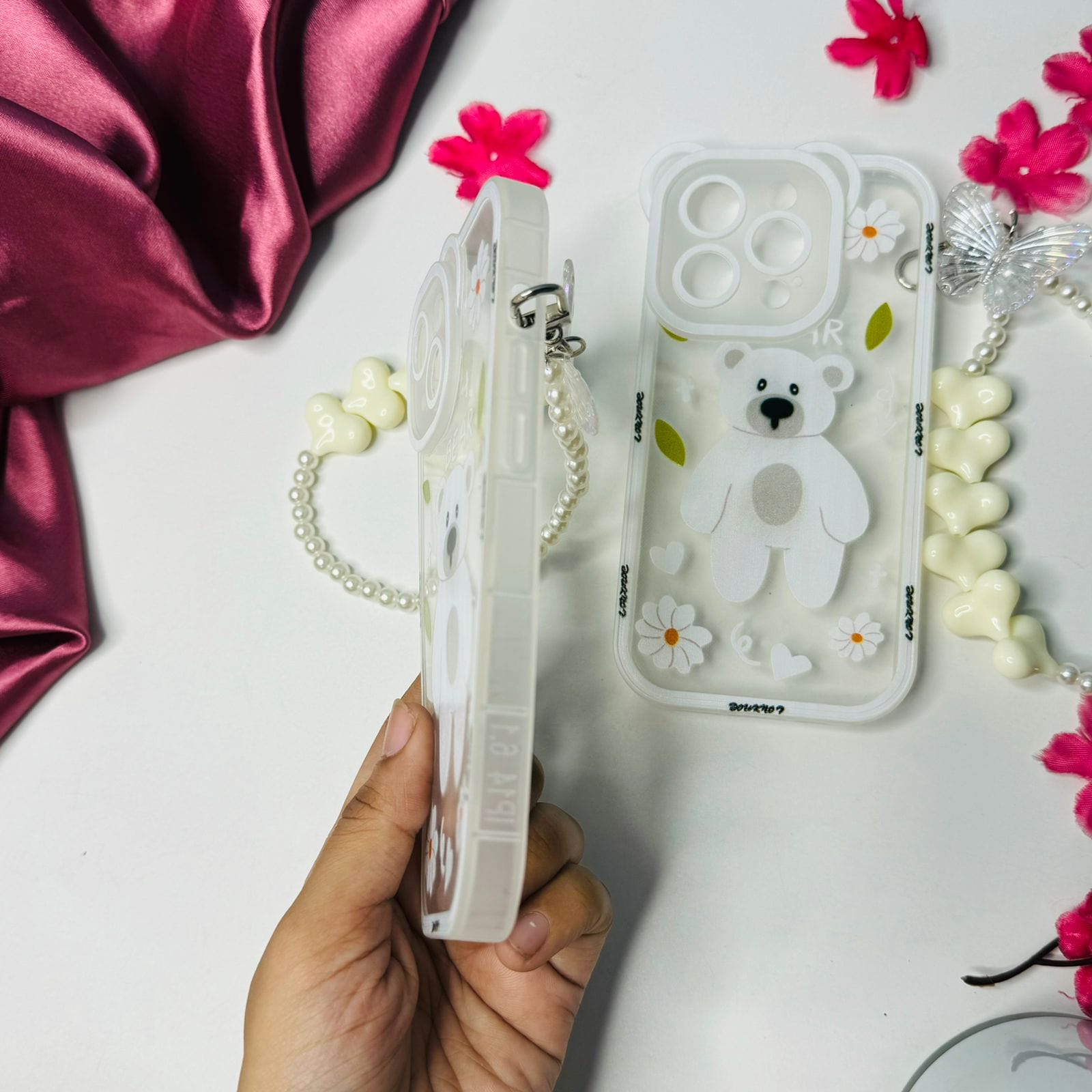 Clear White Teddy Print Phone Case With Charm