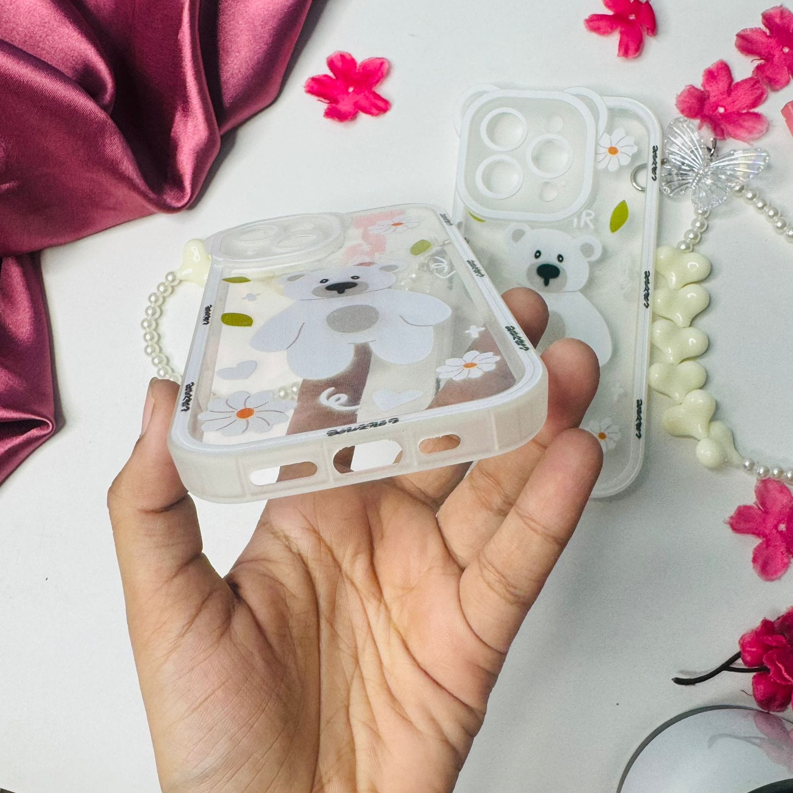 Clear White Teddy Print Phone Case With Charm